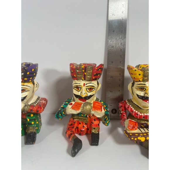 Set Of 3 Hand-Painted Carved Indian Raja Musician Figurines In Vibrant Colors Wo - Picture 7 of 10